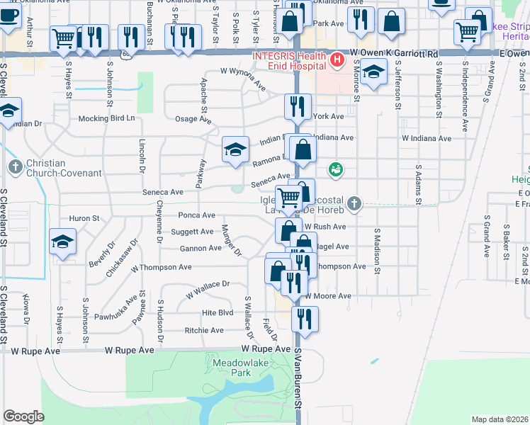 map of restaurants, bars, coffee shops, grocery stores, and more near 300 Kesterfield Boulevard in Enid