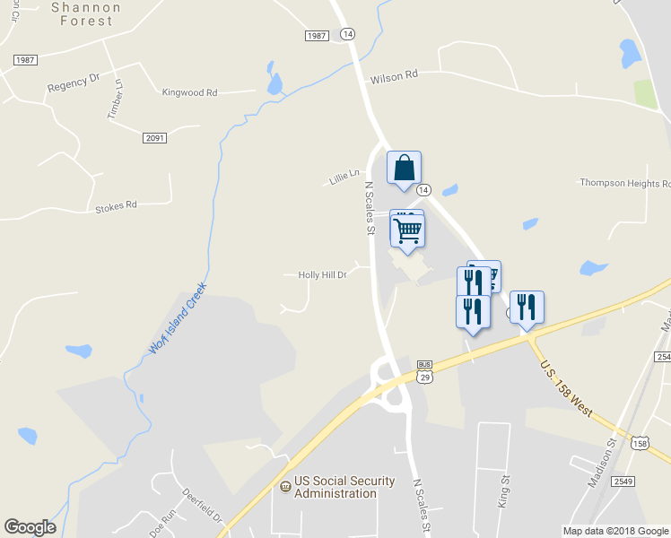 map of restaurants, bars, coffee shops, grocery stores, and more near 143 Holly Hill Drive in Reidsville