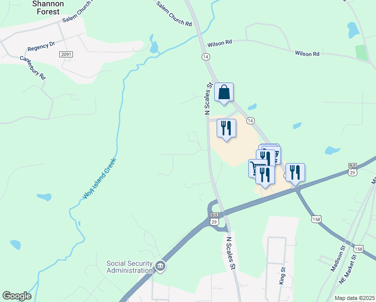 map of restaurants, bars, coffee shops, grocery stores, and more near 143 Holly Hill Drive in Reidsville