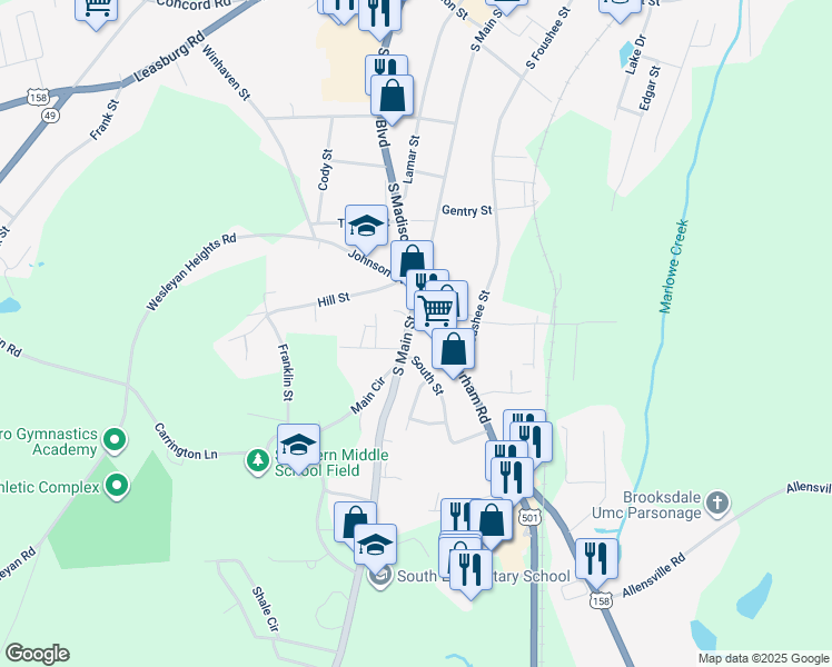 map of restaurants, bars, coffee shops, grocery stores, and more near 719 Durham Road in Roxboro
