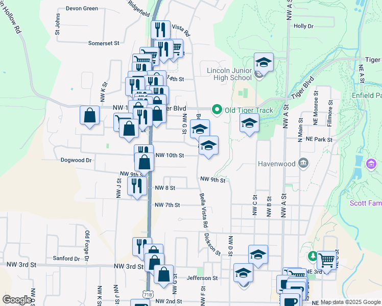 map of restaurants, bars, coffee shops, grocery stores, and more near 802 Carson Drive in Bentonville