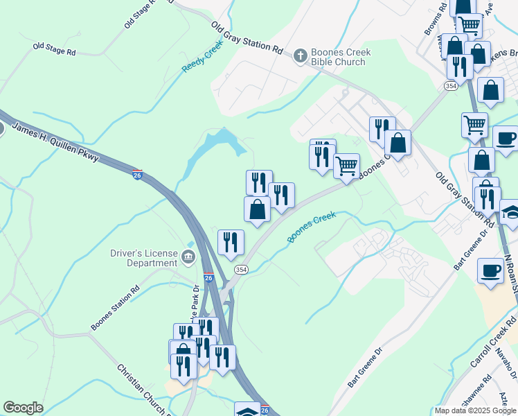 map of restaurants, bars, coffee shops, grocery stores, and more near 2849 Boones Creek Road in Johnson City