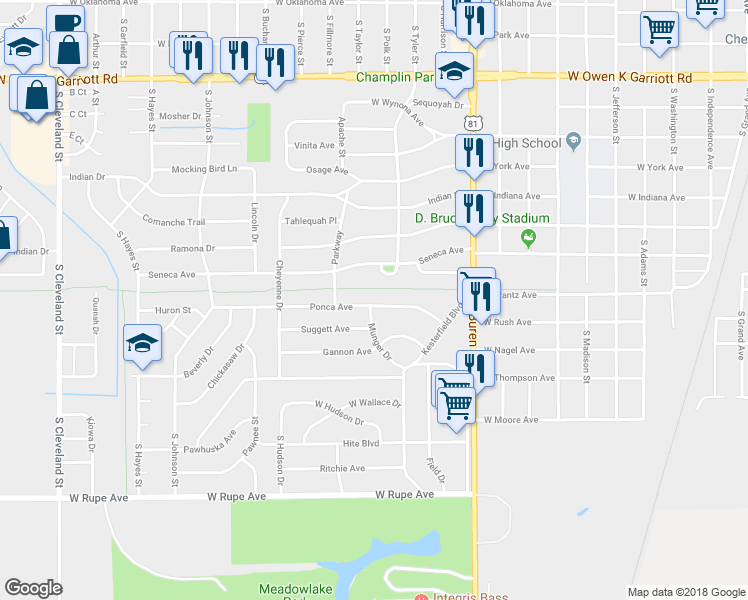 map of restaurants, bars, coffee shops, grocery stores, and more near 1226 Ponca Avenue in Enid