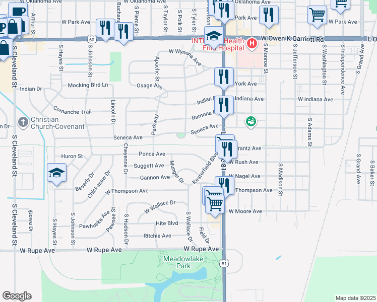 map of restaurants, bars, coffee shops, grocery stores, and more near 1117 Ponca Avenue in Enid