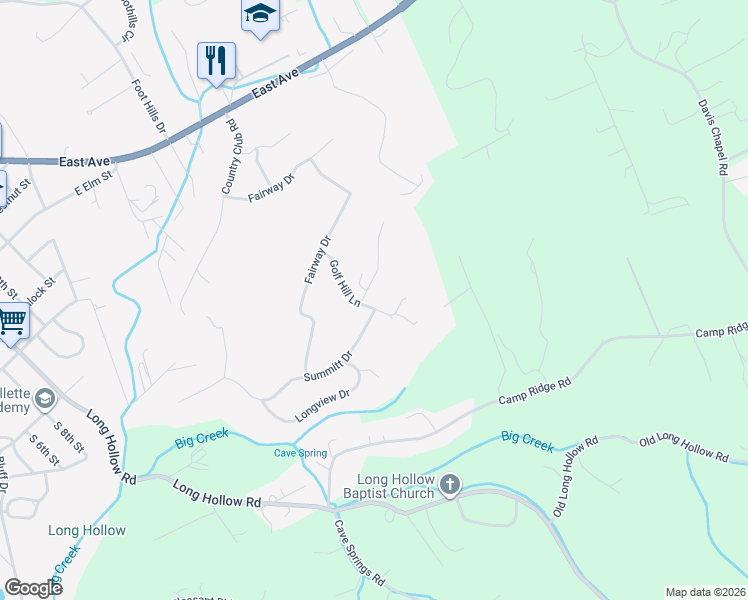 map of restaurants, bars, coffee shops, grocery stores, and more near 124 Golf Hill Lane in LaFollette
