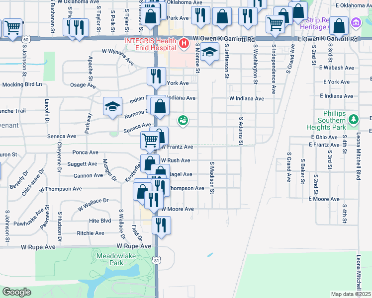 map of restaurants, bars, coffee shops, grocery stores, and more near 721 West Frantz Avenue in Enid