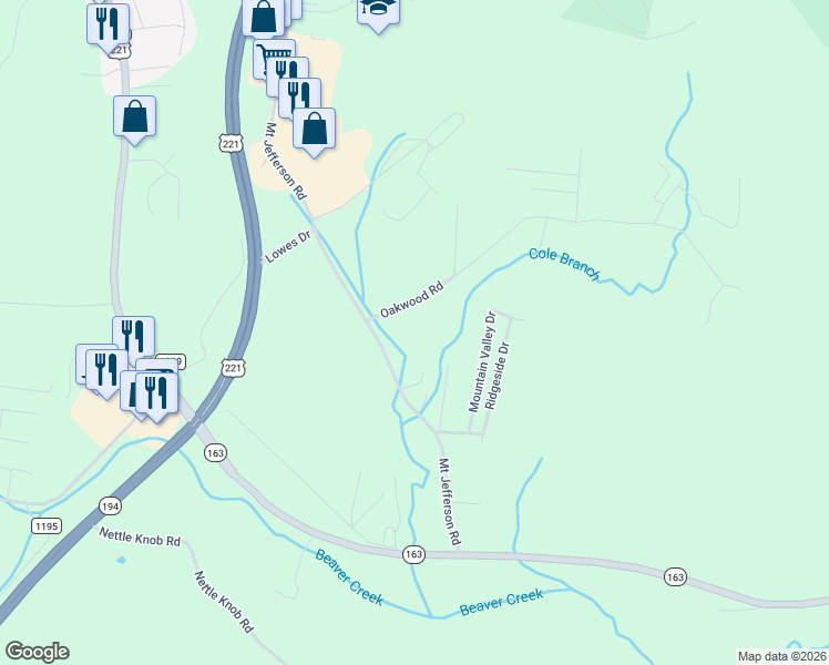 map of restaurants, bars, coffee shops, grocery stores, and more near 2201 Mount Jefferson Road in West Jefferson