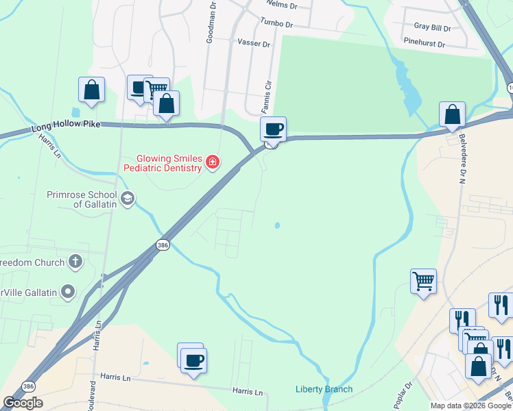 map of restaurants, bars, coffee shops, grocery stores, and more near 1113 Long Hollow Pike in Gallatin
