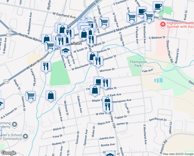 map of restaurants, bars, coffee shops, grocery stores, and more near 104 /116 Factory Street in Gallatin