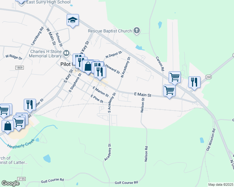 map of restaurants, bars, coffee shops, grocery stores, and more near 225 East Main Street in Pilot Mountain