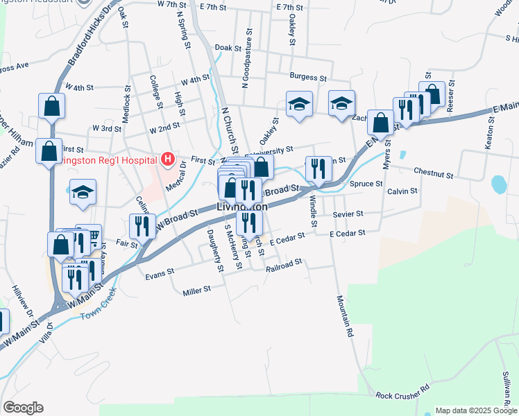 map of restaurants, bars, coffee shops, grocery stores, and more near 114 East Main Street in Livingston