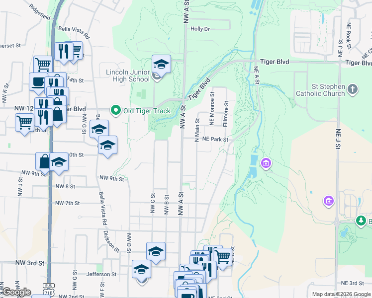 map of restaurants, bars, coffee shops, grocery stores, and more near 919 North Main Street in Bentonville