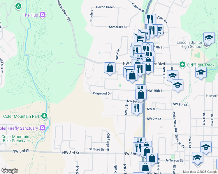 map of restaurants, bars, coffee shops, grocery stores, and more near 1304 Northwest 10th Street in Bentonville