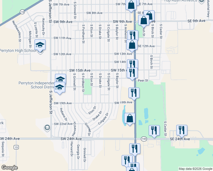 map of restaurants, bars, coffee shops, grocery stores, and more near 351-399 Southwest 16th Avenue in Perryton