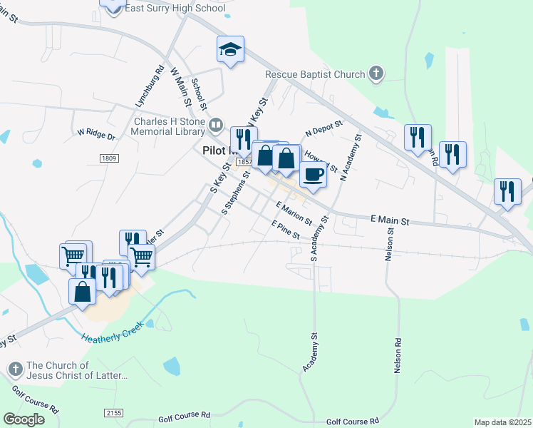 map of restaurants, bars, coffee shops, grocery stores, and more near 200 South Depot Street in Pilot Mountain