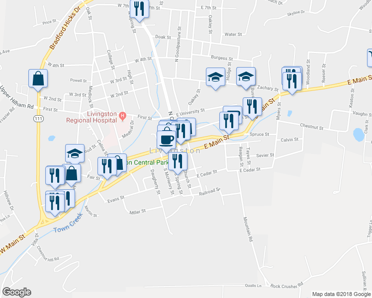 map of restaurants, bars, coffee shops, grocery stores, and more near 114 East Main Street in Livingston