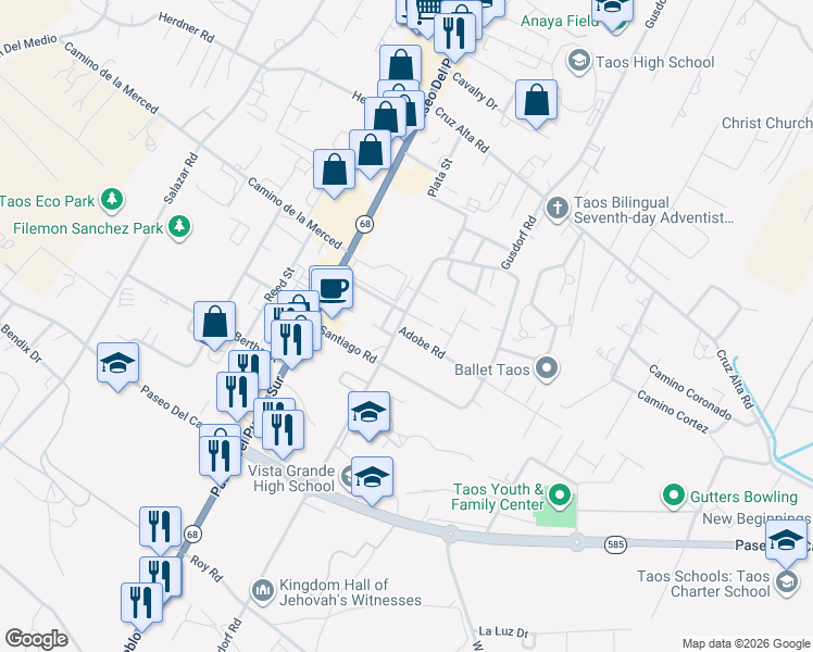 map of restaurants, bars, coffee shops, grocery stores, and more near 101 Vista Lane in Taos
