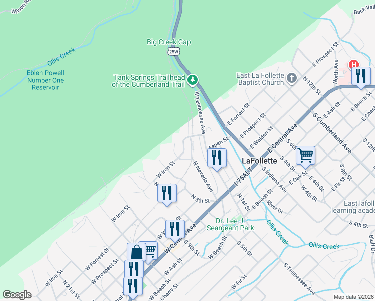 map of restaurants, bars, coffee shops, grocery stores, and more near 127 West Iron Street in LaFollette