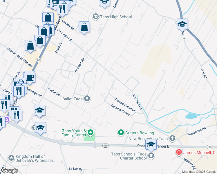 map of restaurants, bars, coffee shops, grocery stores, and more near Ledesma Ln in Taos