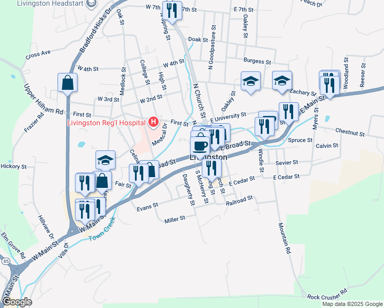 map of restaurants, bars, coffee shops, grocery stores, and more near 200-298 North McHenry Street in Livingston