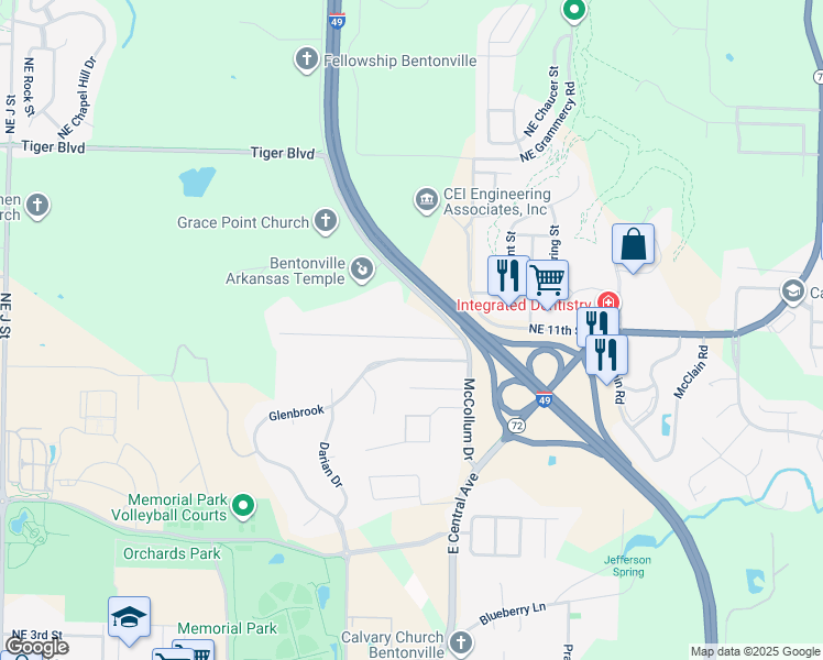 map of restaurants, bars, coffee shops, grocery stores, and more near 2701 Trails End Drive in Bentonville