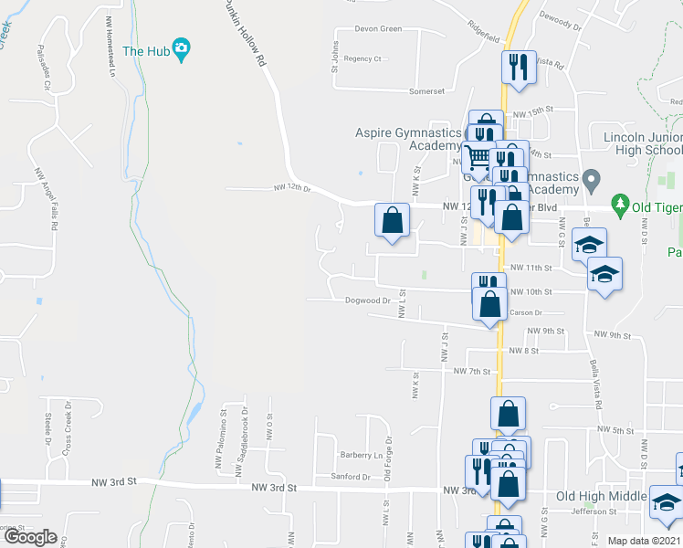 map of restaurants, bars, coffee shops, grocery stores, and more near 1501 Robinhood Road in Bentonville