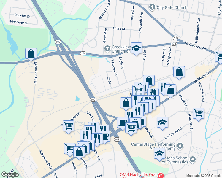 map of restaurants, bars, coffee shops, grocery stores, and more near 737 Trail Drive in Gallatin