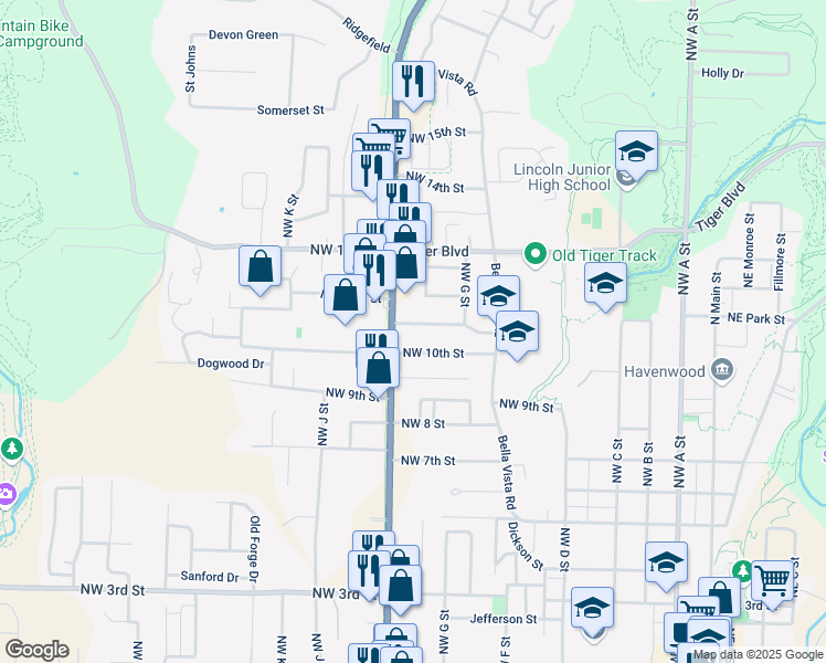 map of restaurants, bars, coffee shops, grocery stores, and more near 903 Northwest 11th Street in Bentonville