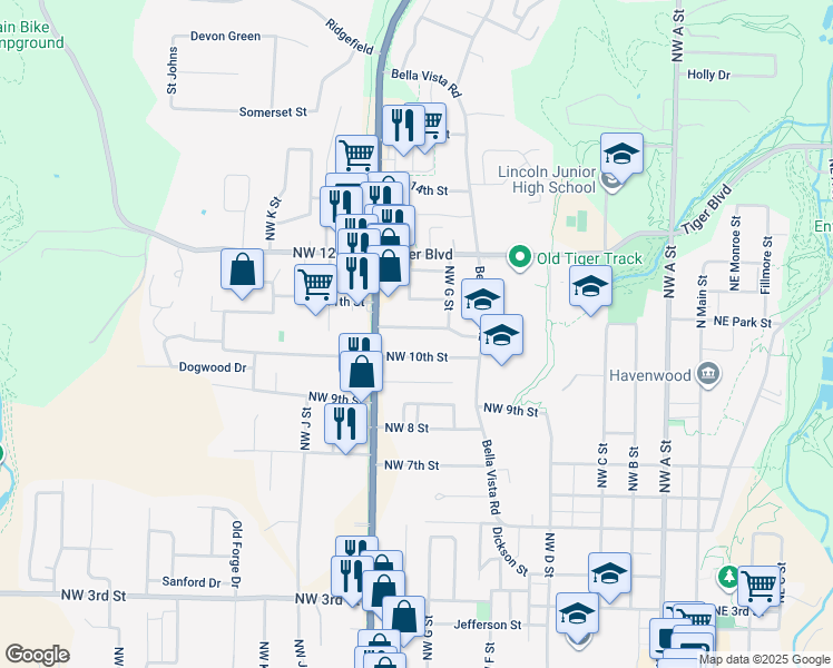 map of restaurants, bars, coffee shops, grocery stores, and more near 809 Northwest 11th Street in Bentonville
