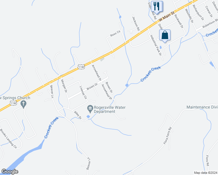 map of restaurants, bars, coffee shops, grocery stores, and more near 2015 Brown Drive in Rogersville