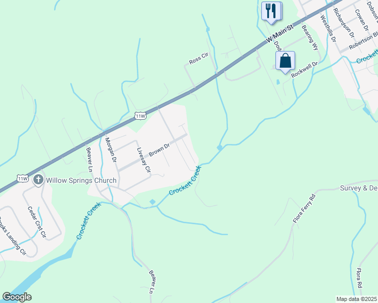 map of restaurants, bars, coffee shops, grocery stores, and more near 2015 Brown Drive in Rogersville