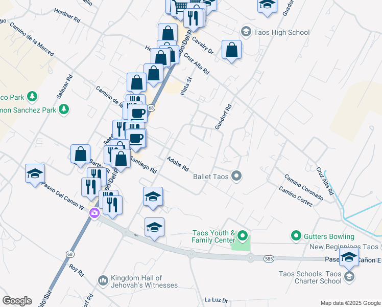 map of restaurants, bars, coffee shops, grocery stores, and more near 210 Holly Cir in Taos