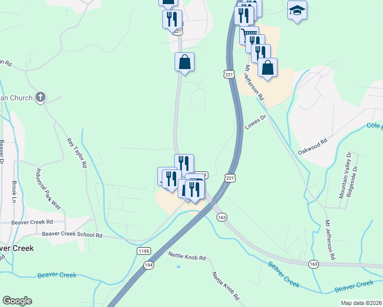 map of restaurants, bars, coffee shops, grocery stores, and more near 203 Hampton Pl Ct in West Jefferson