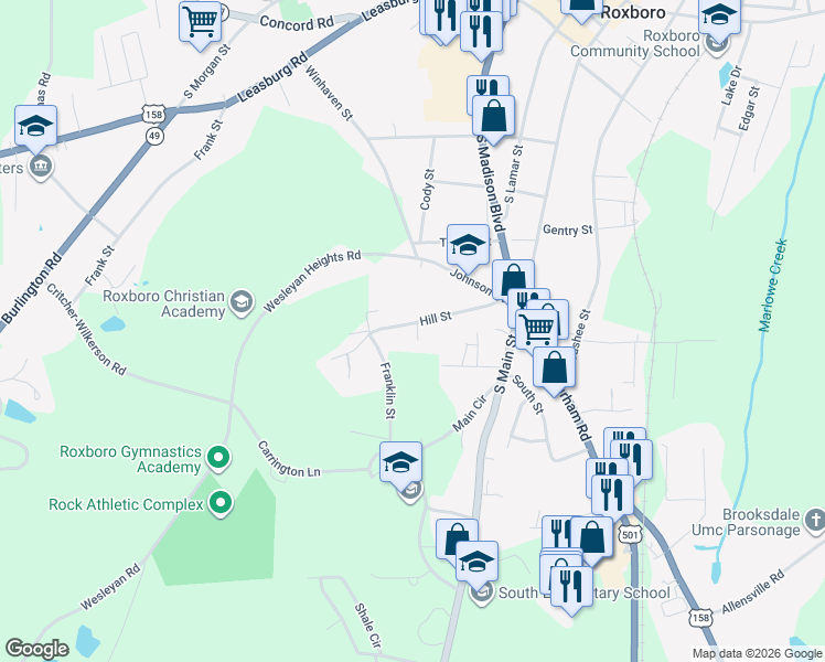 map of restaurants, bars, coffee shops, grocery stores, and more near 206 Hill Street in Roxboro