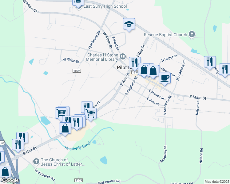 map of restaurants, bars, coffee shops, grocery stores, and more near 402 Butler Street in Pilot Mountain