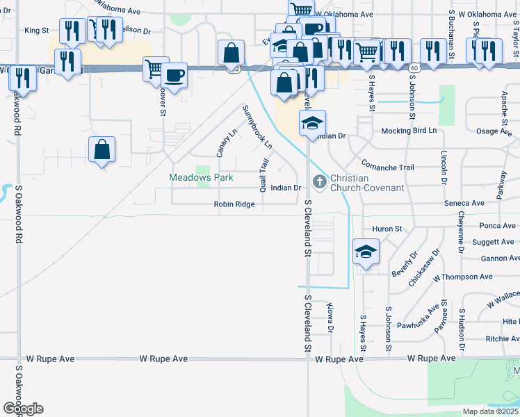 map of restaurants, bars, coffee shops, grocery stores, and more near 2501 Robin Ridge in Enid