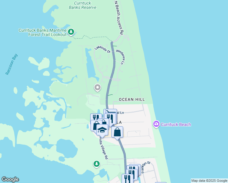 map of restaurants, bars, coffee shops, grocery stores, and more near 1208 Windance Lane in Corolla