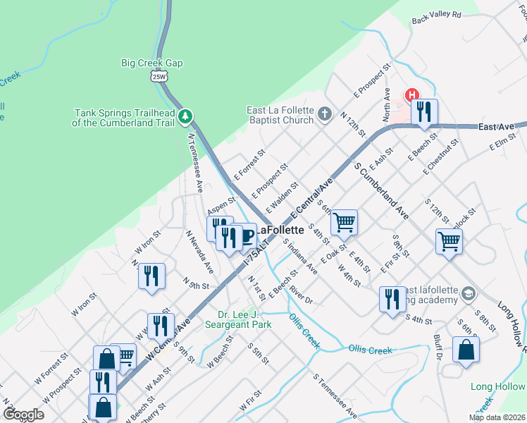 map of restaurants, bars, coffee shops, grocery stores, and more near 211 North Indiana Avenue in LaFollette