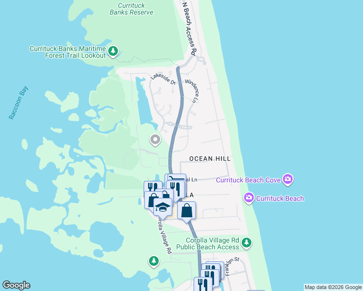 map of restaurants, bars, coffee shops, grocery stores, and more near 1204 Windance Lane in Corolla