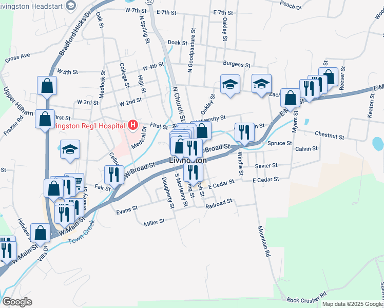 map of restaurants, bars, coffee shops, grocery stores, and more near East Court Square in Livingston