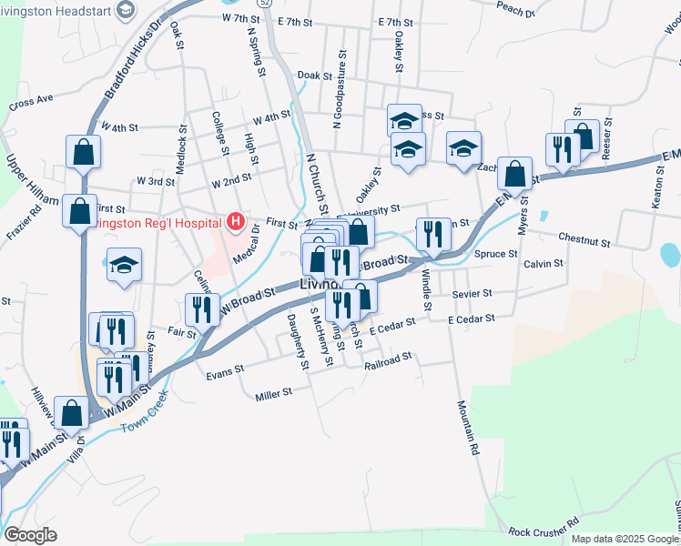 map of restaurants, bars, coffee shops, grocery stores, and more near East Court Square in Livingston
