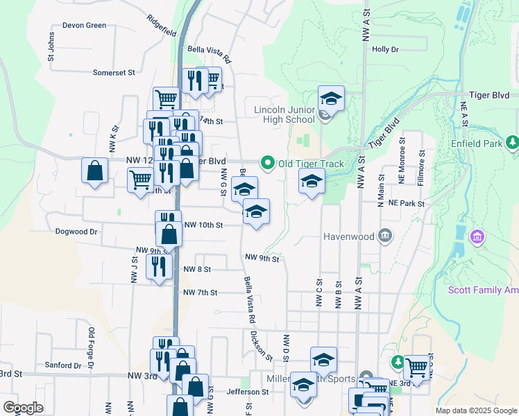 map of restaurants, bars, coffee shops, grocery stores, and more near 1102 Bella Vista Road in Bentonville