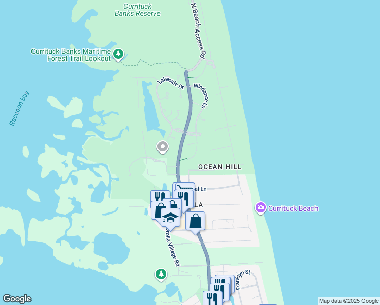 map of restaurants, bars, coffee shops, grocery stores, and more near 1208 Windance Lane in Corolla