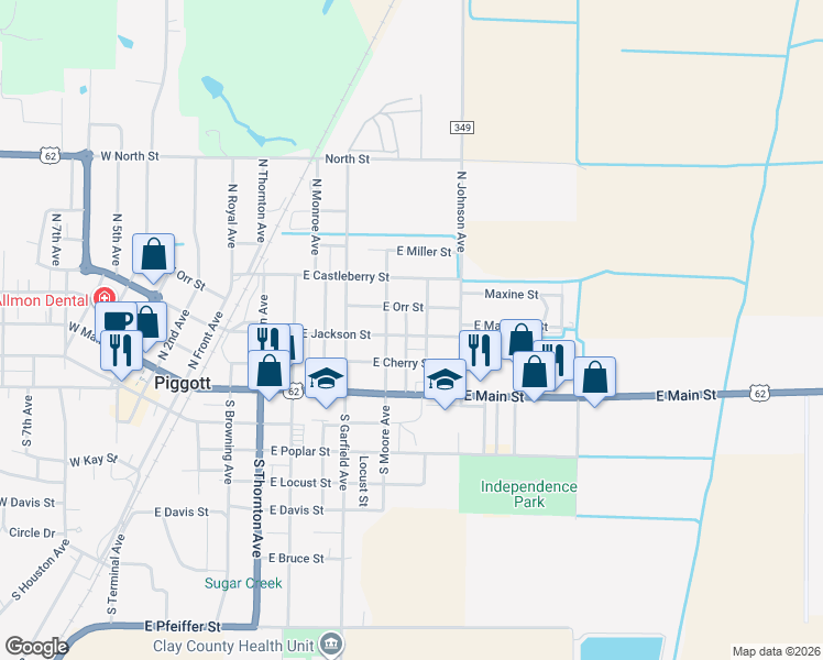 map of restaurants, bars, coffee shops, grocery stores, and more near 760 East Jackson Street in Piggott