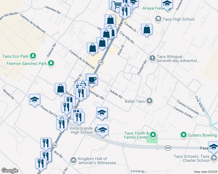 map of restaurants, bars, coffee shops, grocery stores, and more near 101 Vista Lane in Taos