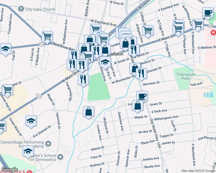 map of restaurants, bars, coffee shops, grocery stores, and more near 241 West Winchester Street in Gallatin