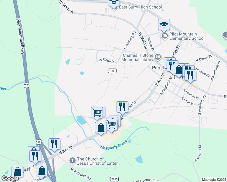 map of restaurants, bars, coffee shops, grocery stores, and more near 270 South Boyles Street in Pilot Mountain