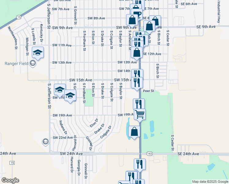 map of restaurants, bars, coffee shops, grocery stores, and more near 251-299 Southwest 16th Avenue in Perryton