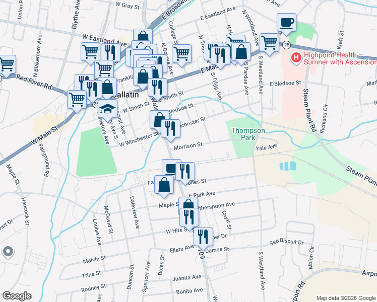 map of restaurants, bars, coffee shops, grocery stores, and more near 133 Morrison Street in Gallatin