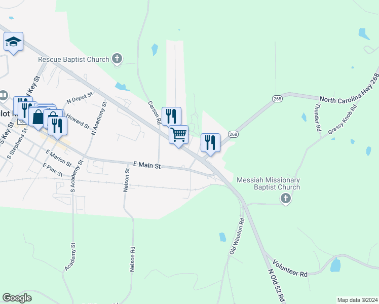 map of restaurants, bars, coffee shops, grocery stores, and more near East 52 Bypass in Pilot Mountain